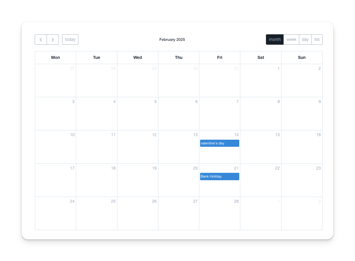 holidays calendar